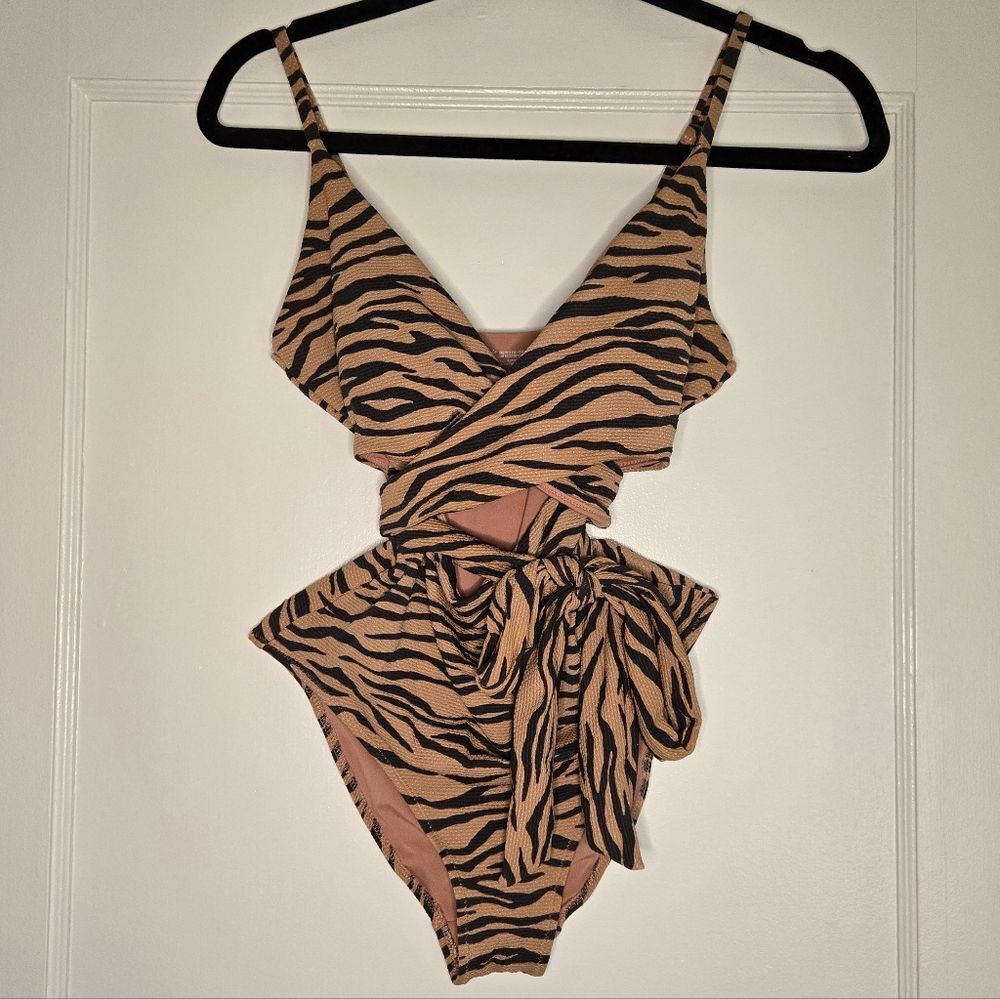 Aerie Tiger Print One Piece Bathing Suit - Women's Small Long - Tan & Black